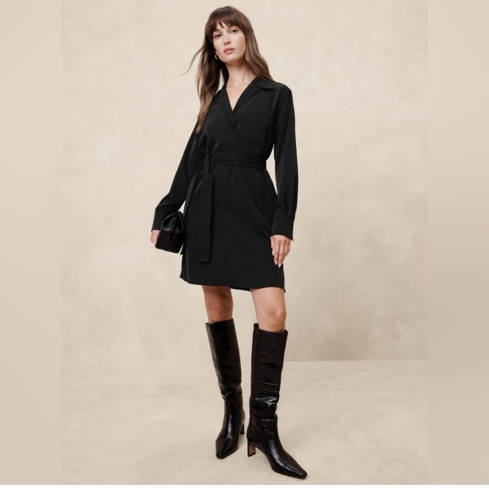 Banana Republic! Black Sheen Twill Long Sleeve Dress with Belt,small.